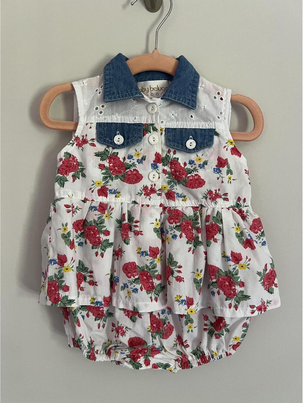 Vintage Baby Beluga Newborn Floral Denim Eyelet Bubble Romper Dress, 6-9M